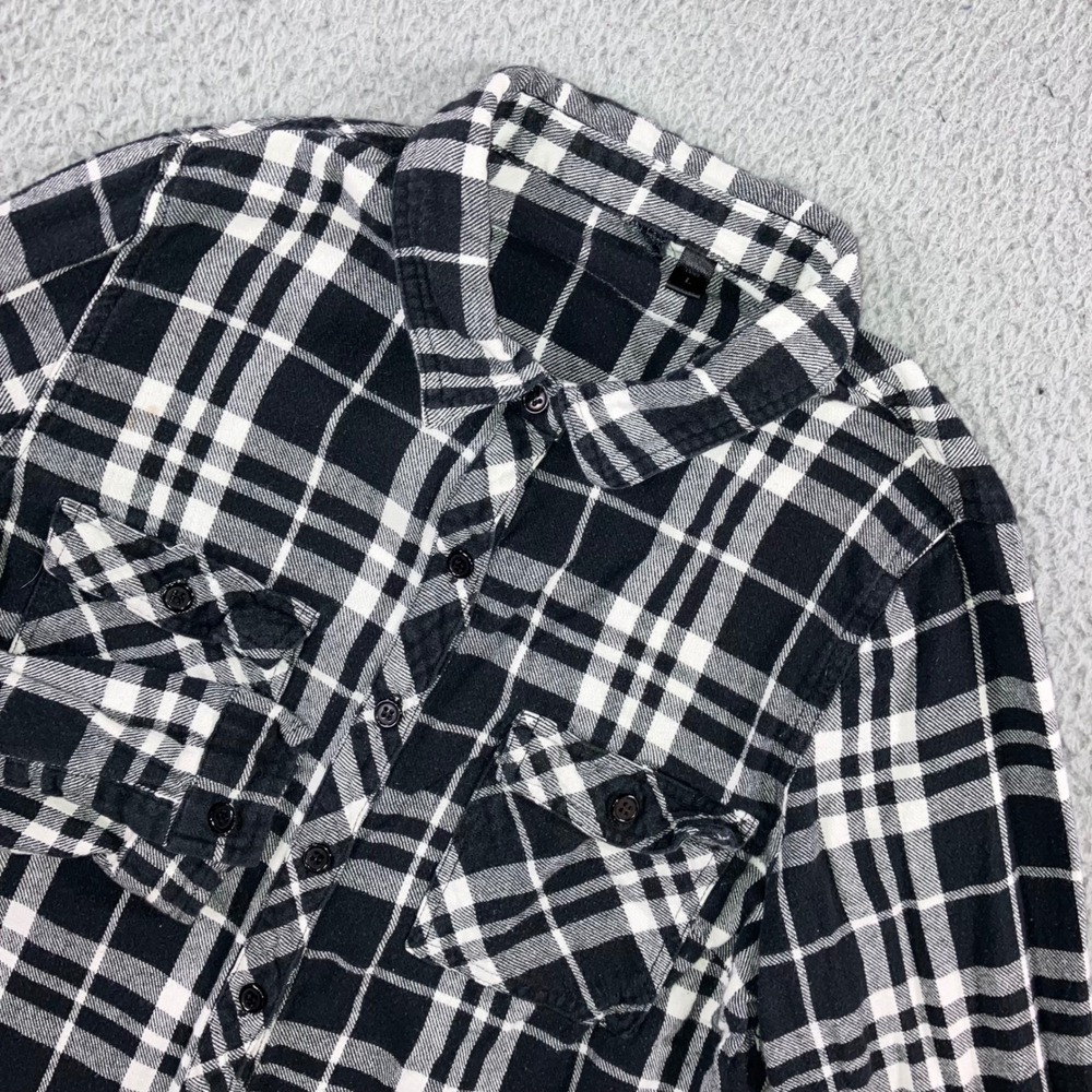 Plaid Flannel Shirt Women L B/W Bleached L/S Goth Punk Outdoor‎ Grunge Layering